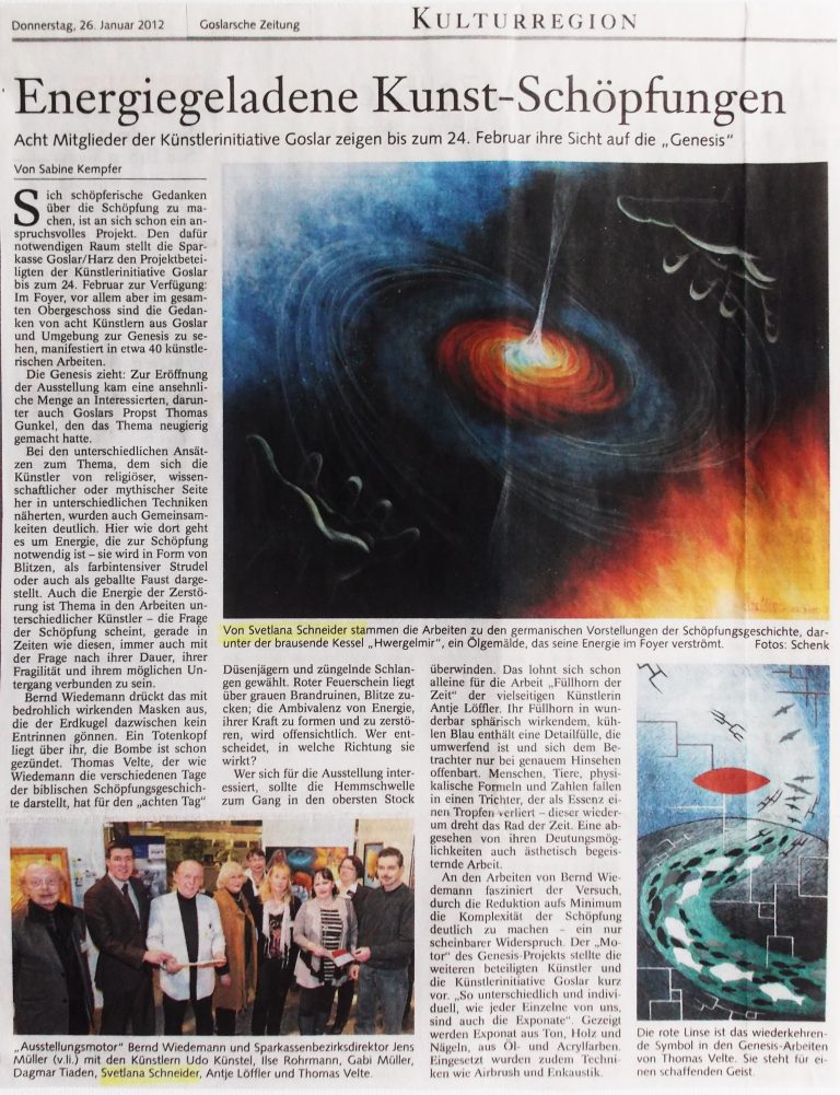Zeitungsartikel: "Energiegeladene Kunst-Schöpfungen", Artikel aus GZ vom 26.01.2012.