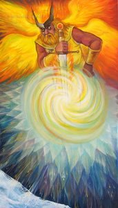 Surtur, der Beherrscher des Flammenreiches Muspelheim, Fragment des Gemäldes „Altgermanische Götter - der Ursprung“ (Serie Genesis)